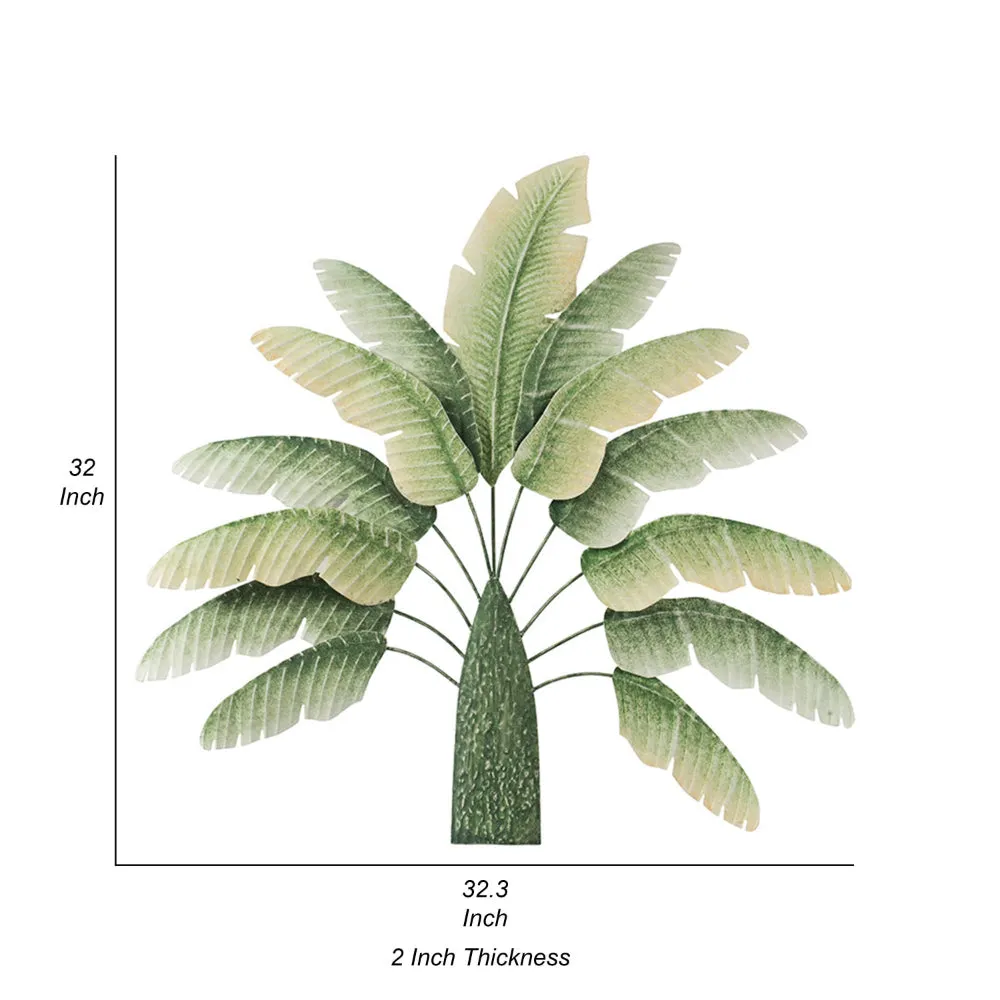 32 Inch Metal Banana Leaf 3D Wall Decoration, Green and White Tones By Casagear Home
