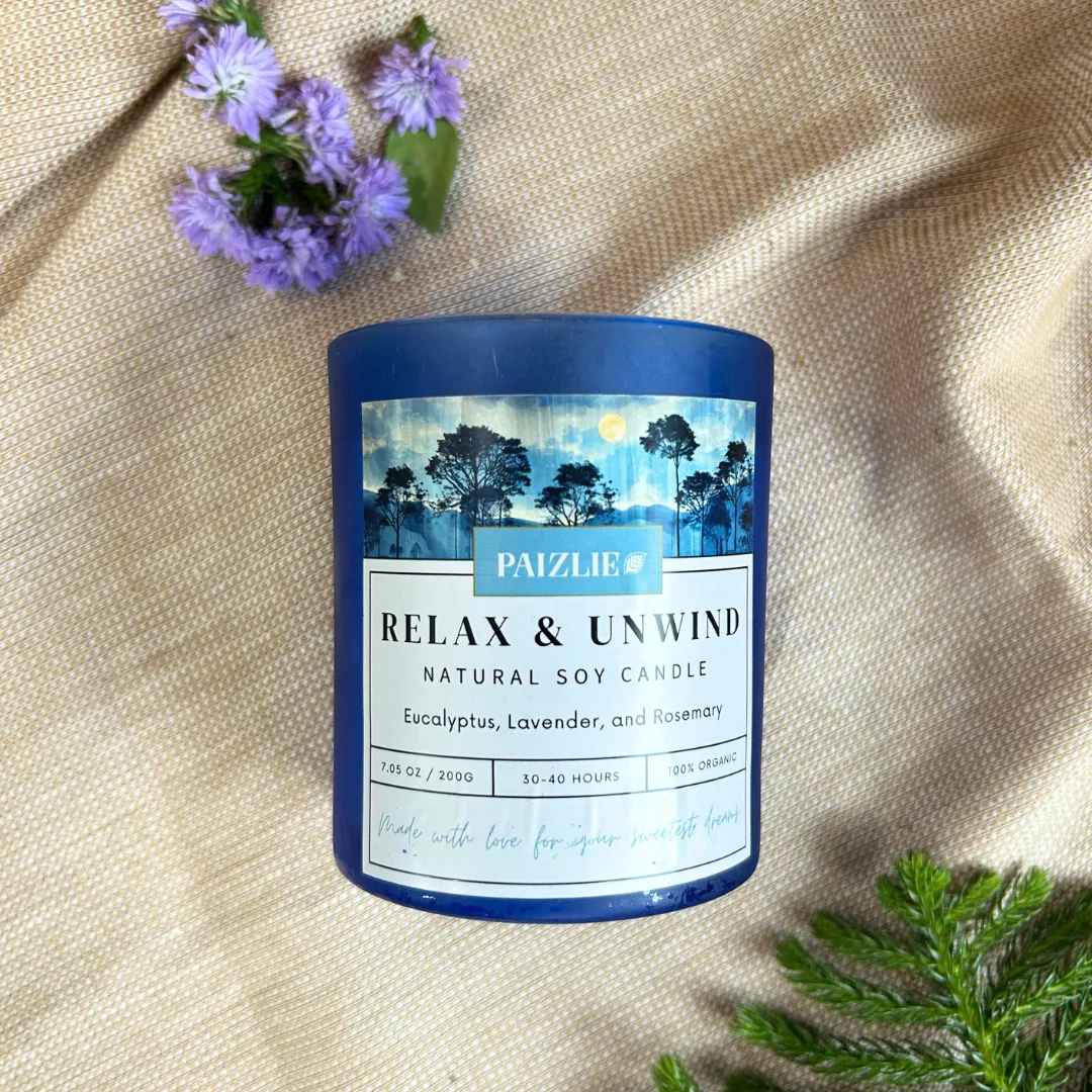 Relax & Unwind Scented Candle | Handmade with Pure Soy Wax | Organic Essential Oils of Eucalyptus, Rosemary & Lavender